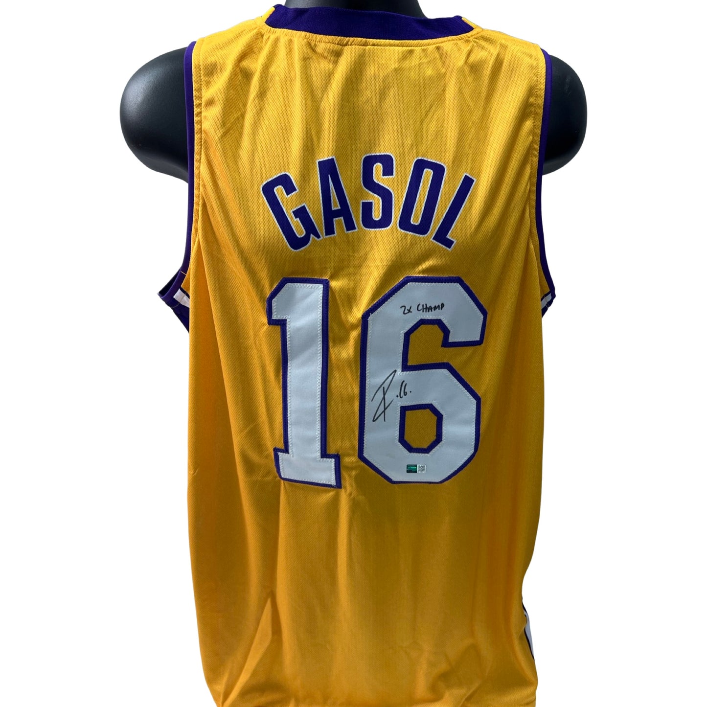 Pau Gasol Autographed Los Angeles Lakers Yellow Jersey “2x Champ” Inscription Steiner CX