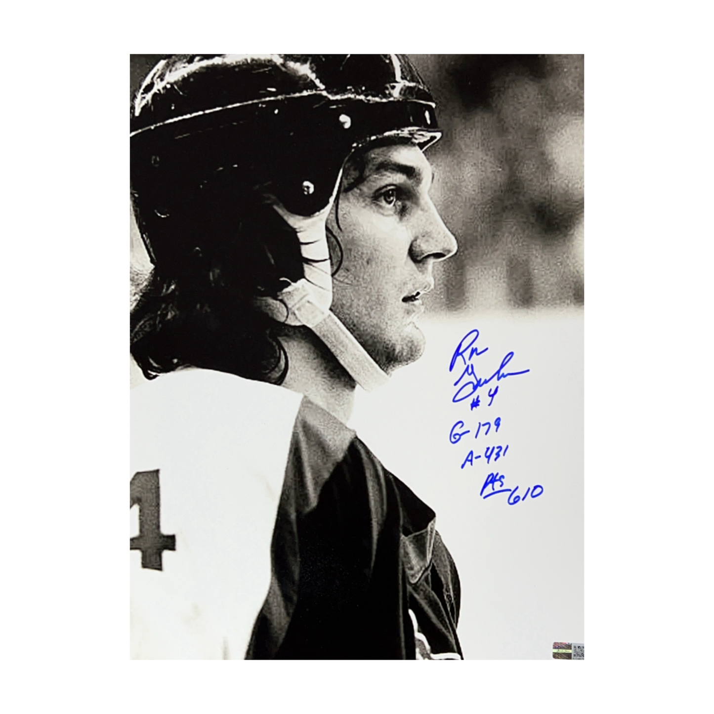 Ron Greschner Autographed New York Rangers B&W Close Up 11x14 “G-179, A-431, Pts-610” Inscriptions Steiner CX