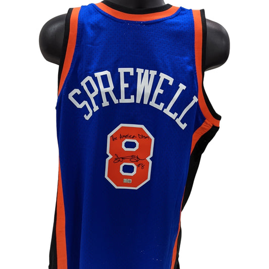 Latrell Sprewell Autographed New York Knicks Blue Mitchell & Ness Swingman Jersey “The American Dream” Inscription Steiner CX