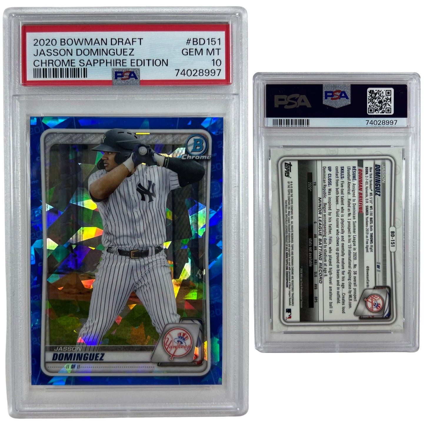 2020 Jasson Dominguez Bowman Draft Chrome Sapphire Edition #BD151 PSA GEM MINT 10