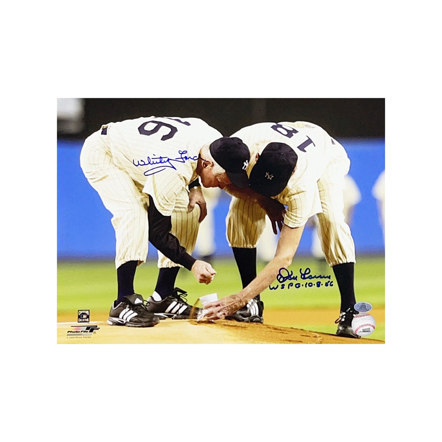 Whitey Ford & Don Larsen Autographed New York Yankees 11x14 W.S.P.G 10.8.56 Inscription Wish You Were Here COA