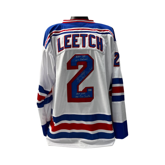 Brian Leetch Autographed New York Rangers White Jersey “NHL 100, #2 Retired, 1994 Stanley Cup Champs, HOF 2009, 1994 Conn Smythe” Inscriptions Steiner CX