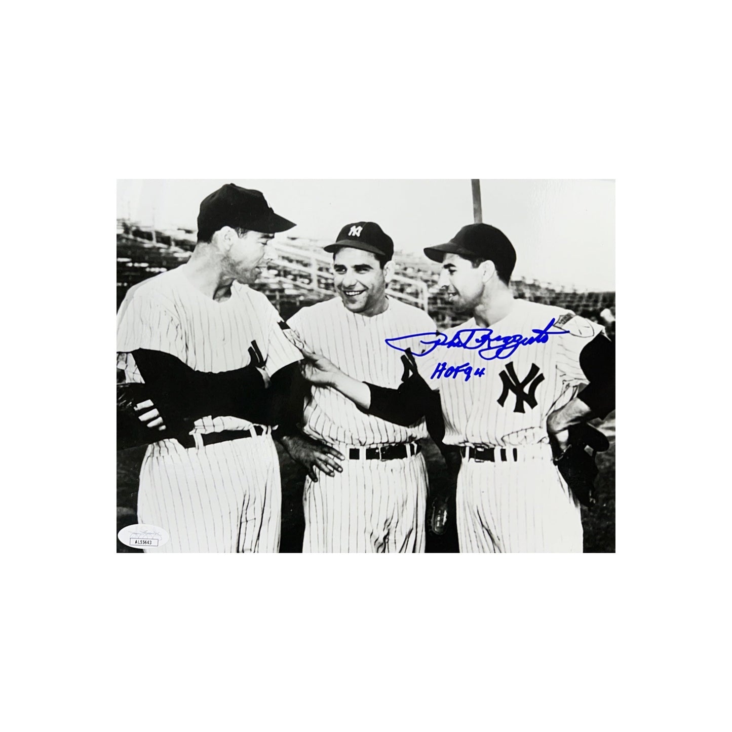Phil Rizzuto Autographed New York Yankees B&W w/ Yogi & Dimaggio 8x10 HOF 94 Inscription JSA
