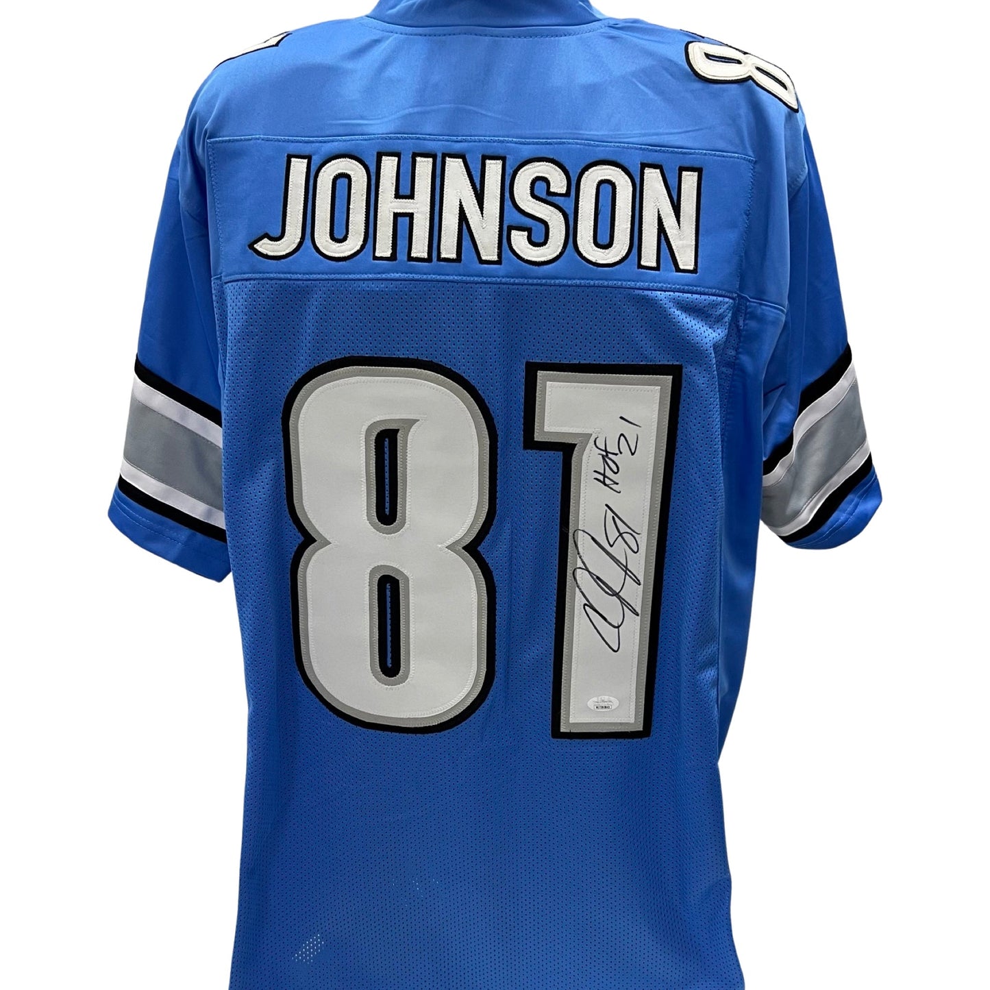 Calvin Johnson Autographed Detroit Lions Blue Jersey HOF 21 Inscription JSA