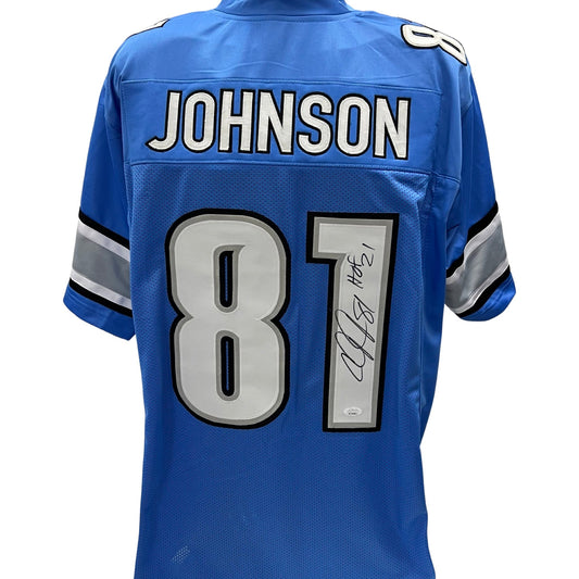 Calvin Johnson Autographed Detroit Lions Blue Jersey HOF 21 Inscription JSA