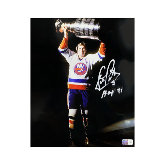 Denis Potvin Autographed New York Islanders 8x10 Hoisting Trophy "HOF 91" Inscription Steiner CX