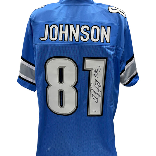 Calvin Johnson Autographed Detroit Lions Blue Jersey “HOF 21” Inscription JSA