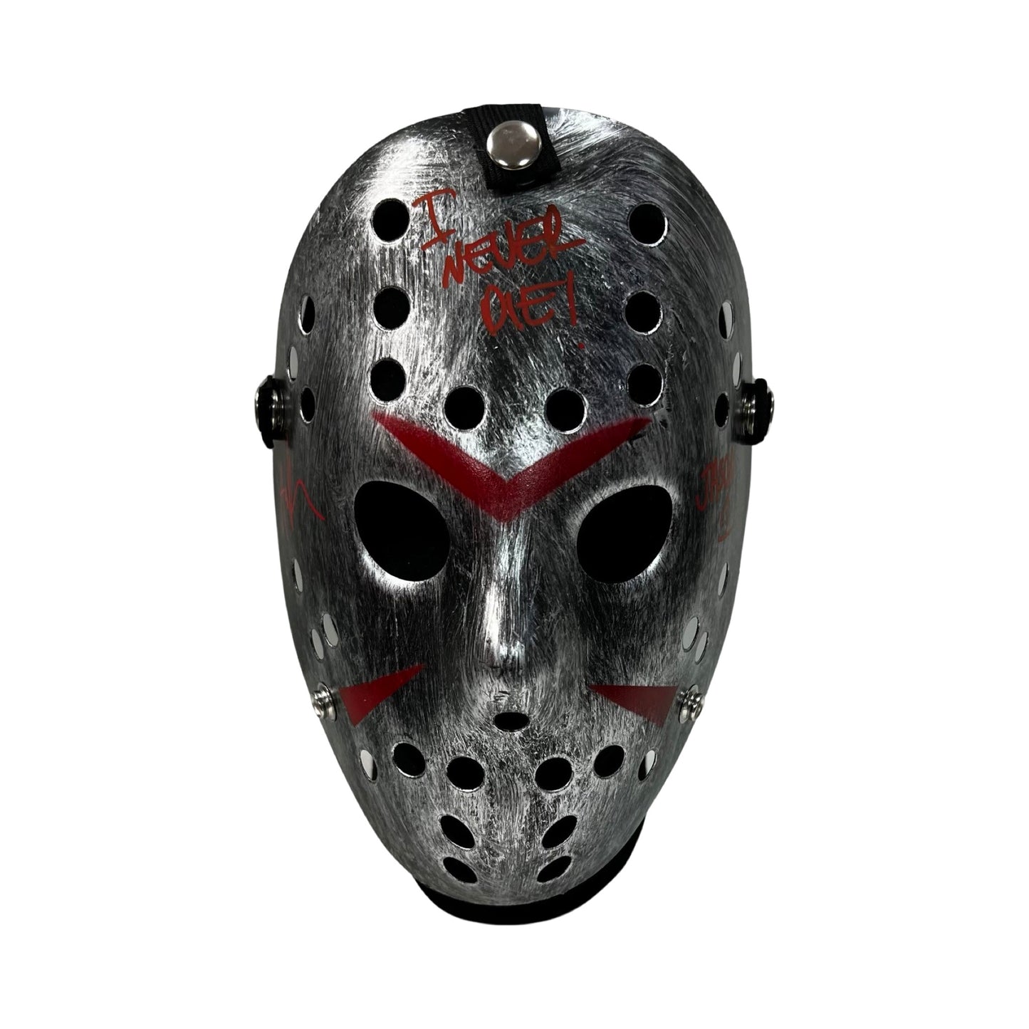 Ari Lehman Autographed Jason Voorhees Friday the 13th Silver Mask “I Never Die!, Jason 1” Inscriptions Red Ink Steiner CX