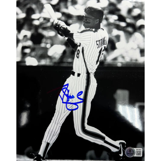 Darryl Strawberry New York Mets Swinging Pinstripe Jersey Black and White Edit Autographed 8x10 Photo BAS