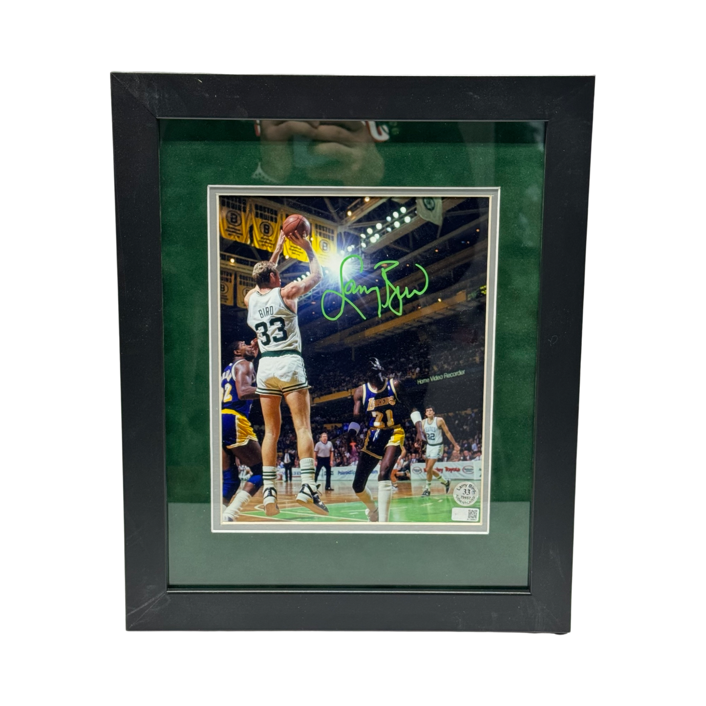 Larry Bird Autographed Boston Celtics Shooting Over Magic 8x10 Steiner CX - Framed