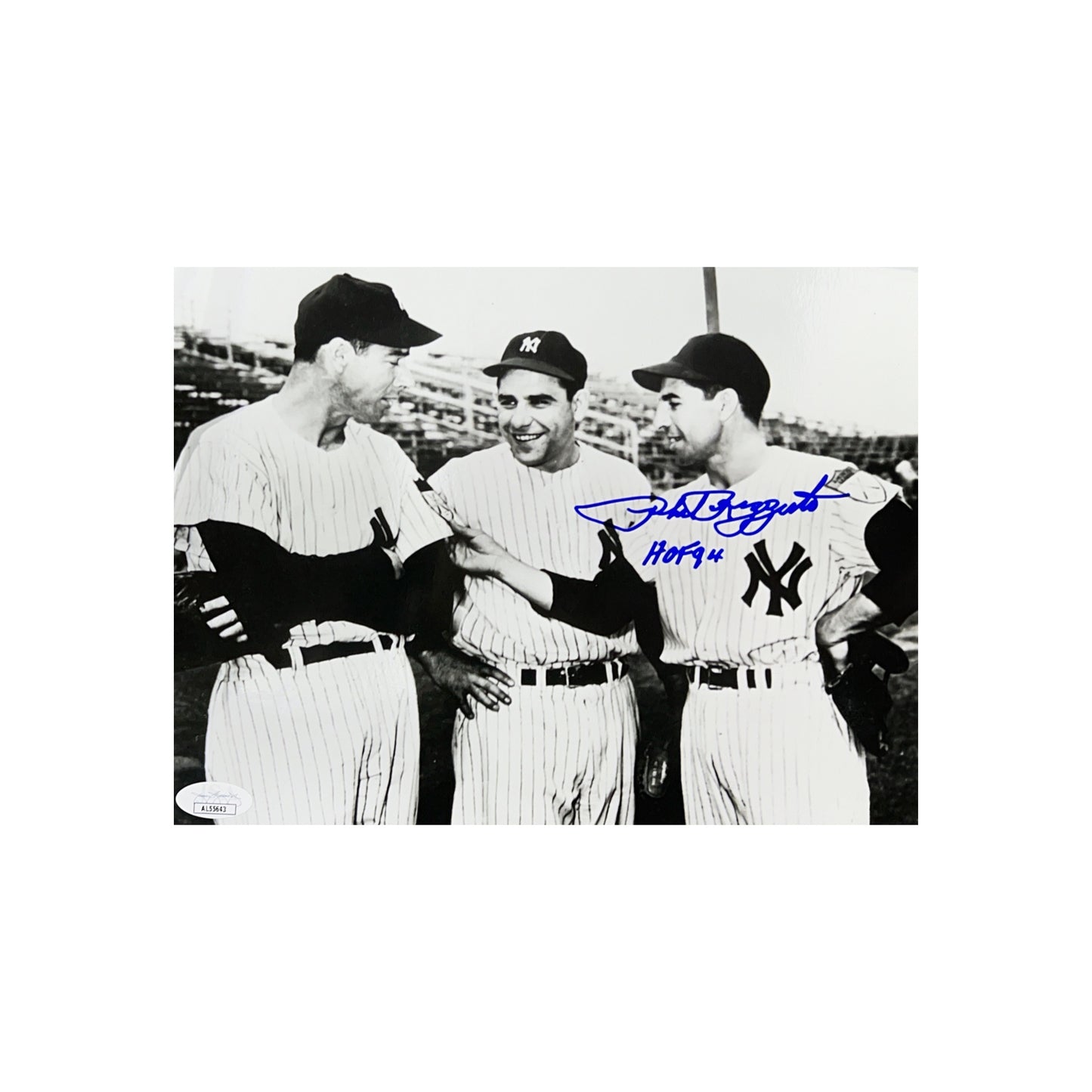 Phil Rizzuto Autographed New York Yankees B&W w/ Yogi & Dimaggio 8x10 “HOF 94” Inscription JSA
