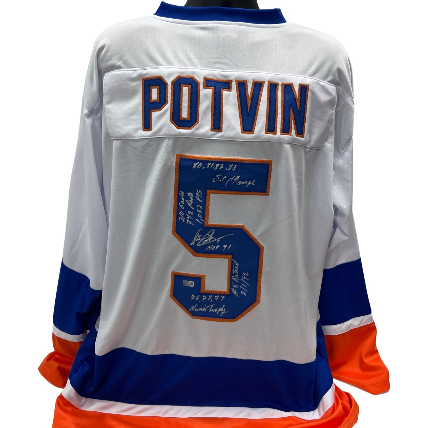 Denis Potvin Autographed New York Islanders White Jersey "80 81 82 83 S.C Champs, 310 Goals, 712 Assists, 1052 Points, HOF 1991, #5 Retired 2/1/92, 76, 78, 79 Norris Trophy" Steiner CX