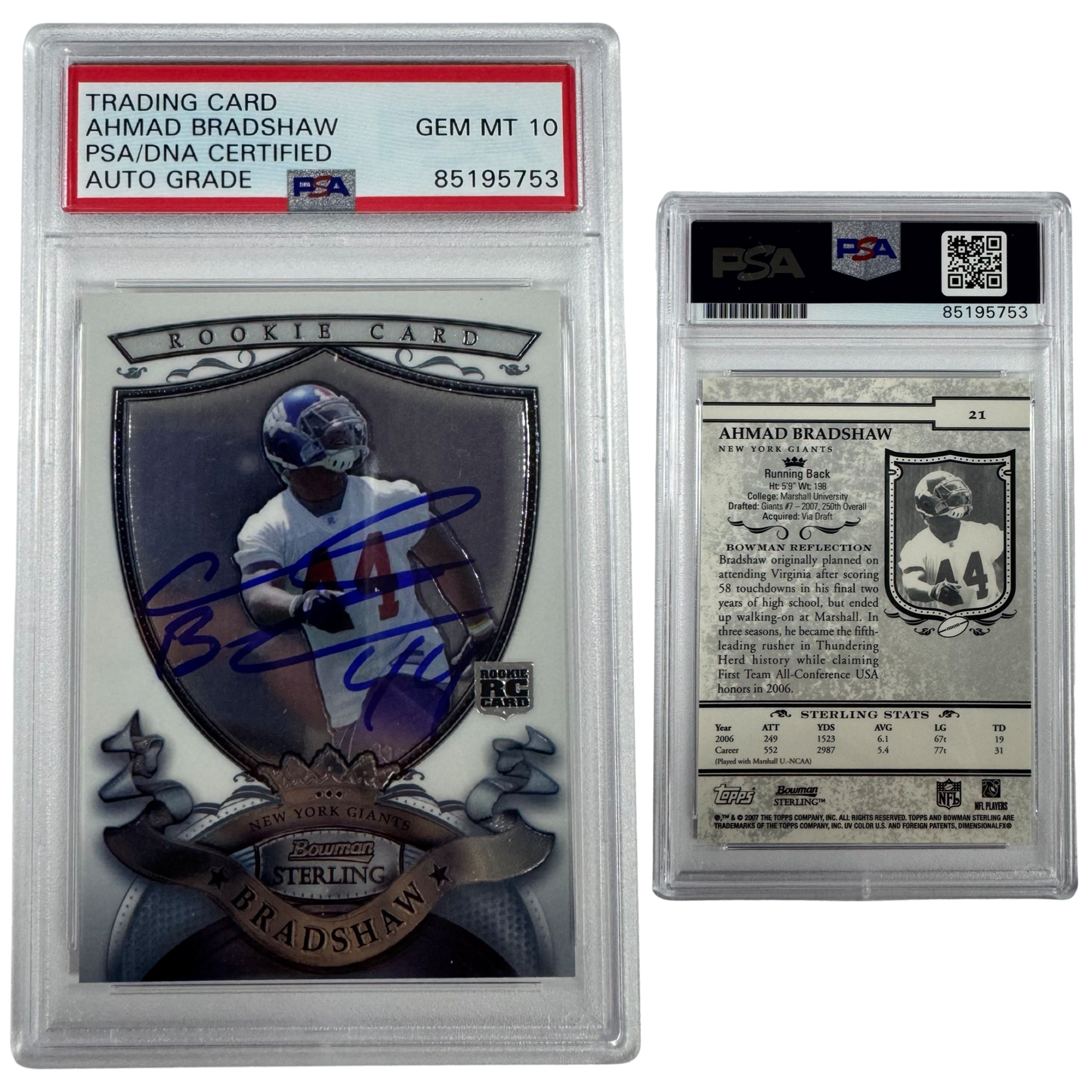 2007 Ahmad Bradshaw Autographed Bowman Sterling Rookie Card #21 PSA Auto GEM MT 10