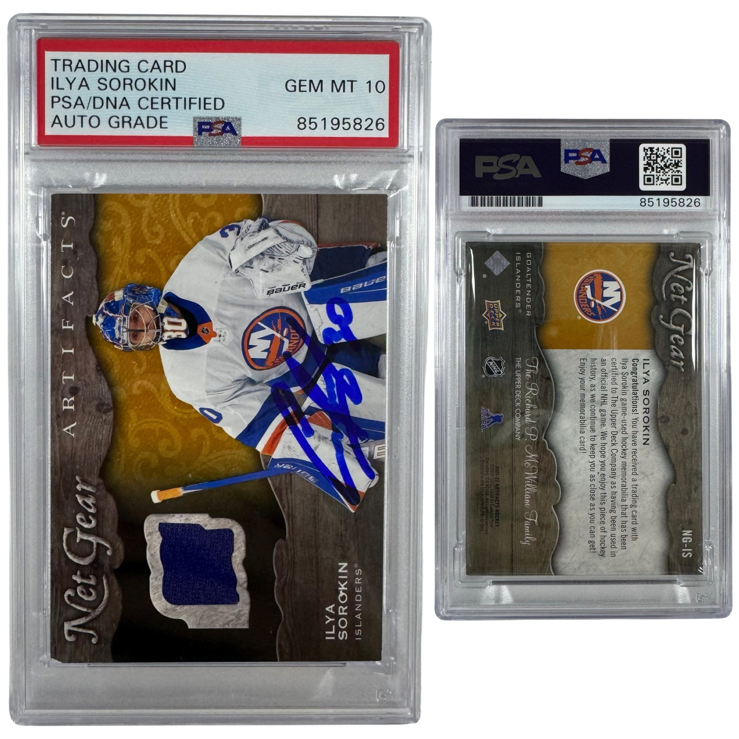 2021-22 Ilya Sorokin Autographed Upper Deck Net Gear Artifacts Jersey Patch Relic #NG-IS PSA Auto GEM MT 10