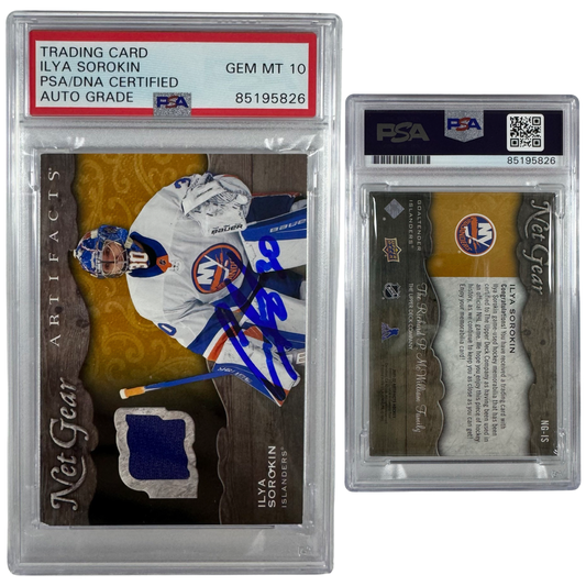2021-22 Ilya Sorokin Autographed Upper Deck Net Gear Artifacts Jersey Patch Relic #NG-IS PSA Auto GEM MT 10
