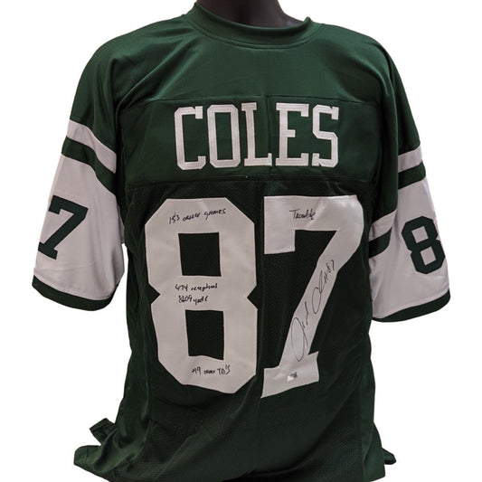 Laveranues Coles Autographed New York Jets Green Jersey Trouble, 153 Games Played, 674 Receptions, 8609 Yds, 49 Career TDs Inscriptions Steiner CX