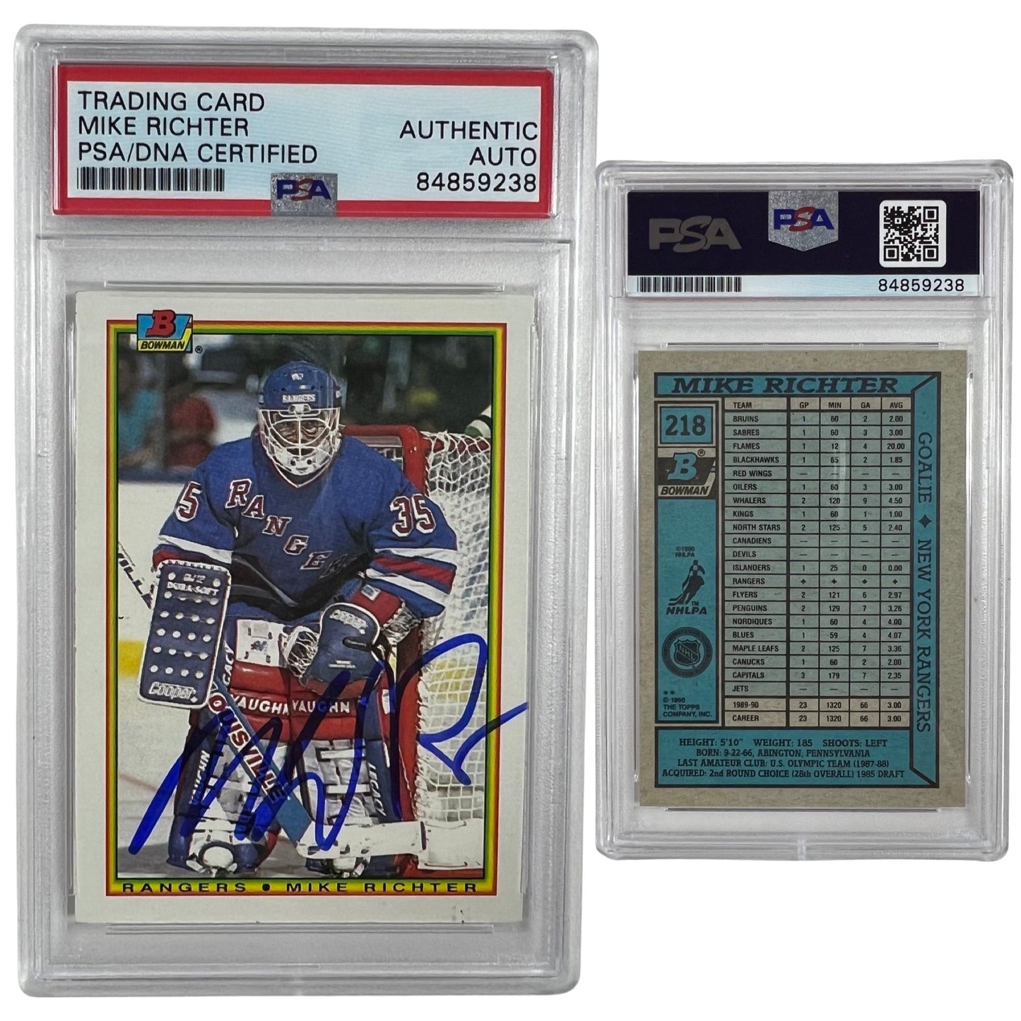 1990-91 Mike Richter Bowman Rookie Card #218 Autographed PSA Auto Authentic