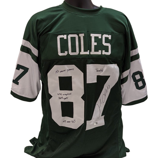 Laveranues Coles Autographed New York Jets Green Jersey “Trouble, 153 Games Played, 674 Receptions, 8609 Yds, 49 Career TDs” Inscriptions Steiner CX