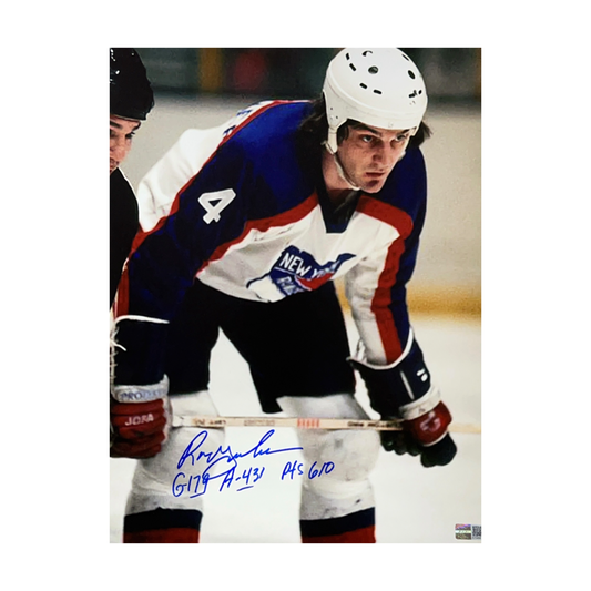 Ron Greschner Autographed New York Rangers Bending Down 11x14 G-179, A-431, Pts-610 Inscriptions Steiner CX
