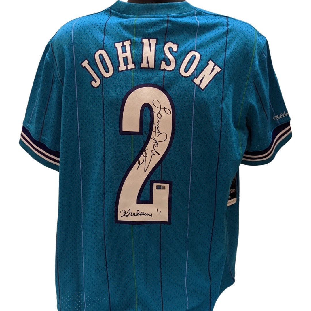 Larry Johnson Autographed Charlotte Hornets Teal Mitchell & Ness Sleeve Jersey Grandmama Inscription Steiner CX