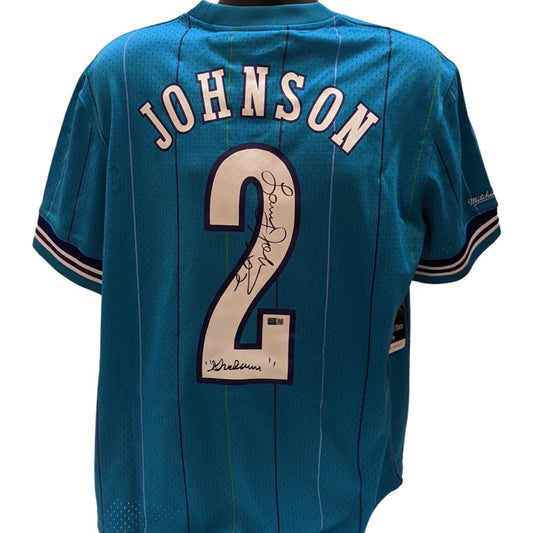 Larry Johnson Autographed Charlotte Hornets Teal Mitchell & Ness Sleeve Jersey Grandmama Inscription Steiner CX