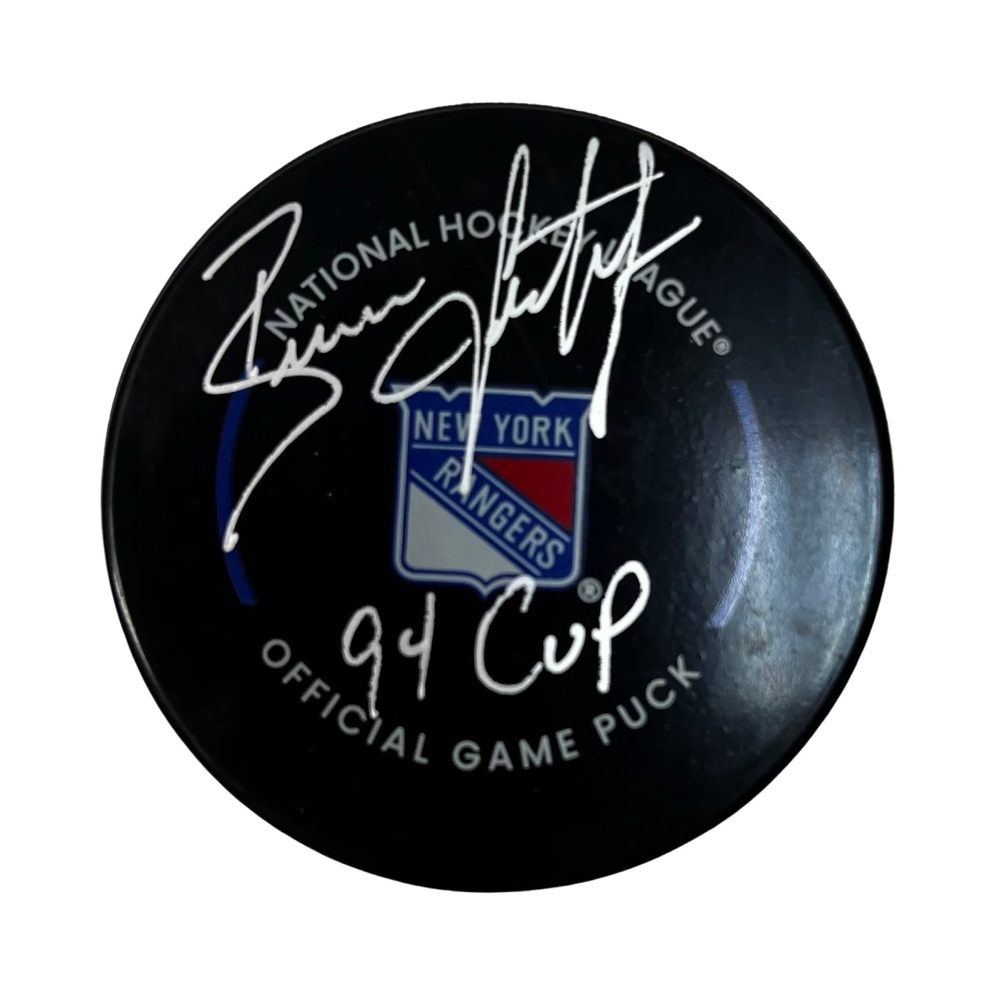 Brian Leetch Autographed New York Rangers Blue Official Game Puck 94 Cup Inscription Steiner CX