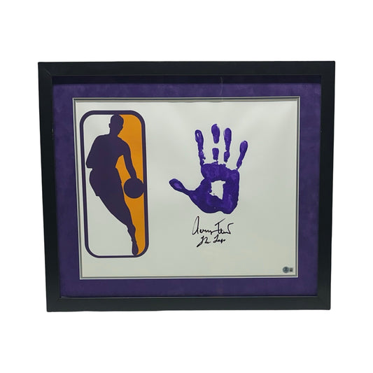 Jerry West Autographed Los Angeles Lakers Purple Handprint 16x20 The Logo Inscription Beckett - Framed