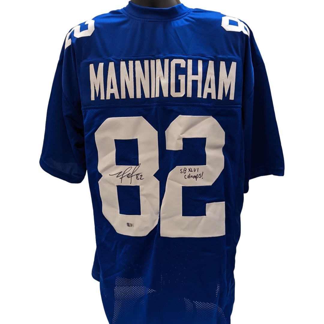 Mario Manningham Autographed New York Giants Blue Jersey SB XLVI Champs Inscription Steiner CX