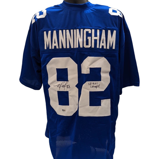 Mario Manningham Autographed New York Giants Blue Jersey SB XLVI Champs Inscription Steiner CX