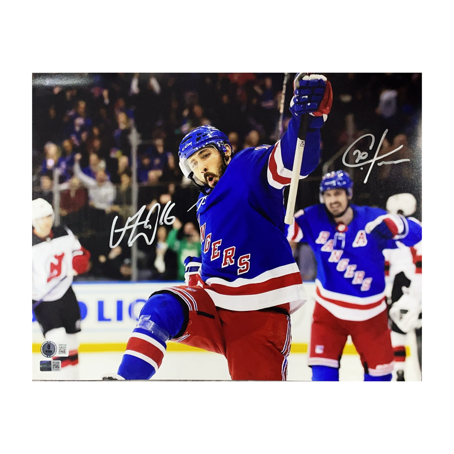 Chris Kreider & Vincent Trocheck Autographed New York Rangers Blue Jersey Fist Pump 11x14 Beckett