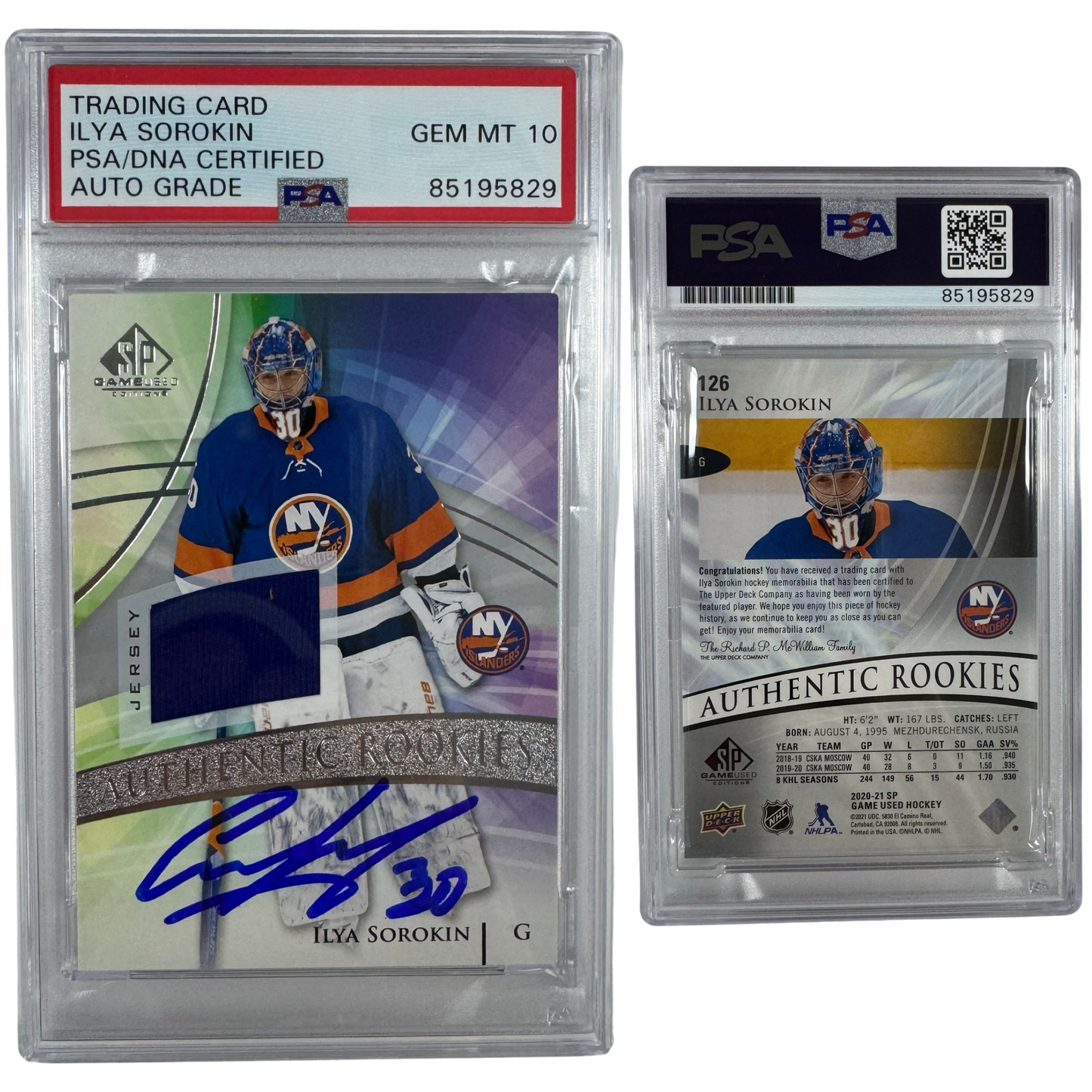 2020-21 Ilya Sorokin Autographed Upper Deck SP Game Used Authentic Rookies Jersey Patch Relic #126 PSA Auto GEM MT 10