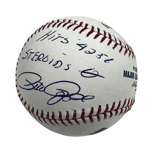 Pete Rose Autographed OMLB Hits 4256, Steroids 0 Inscriptions PSA