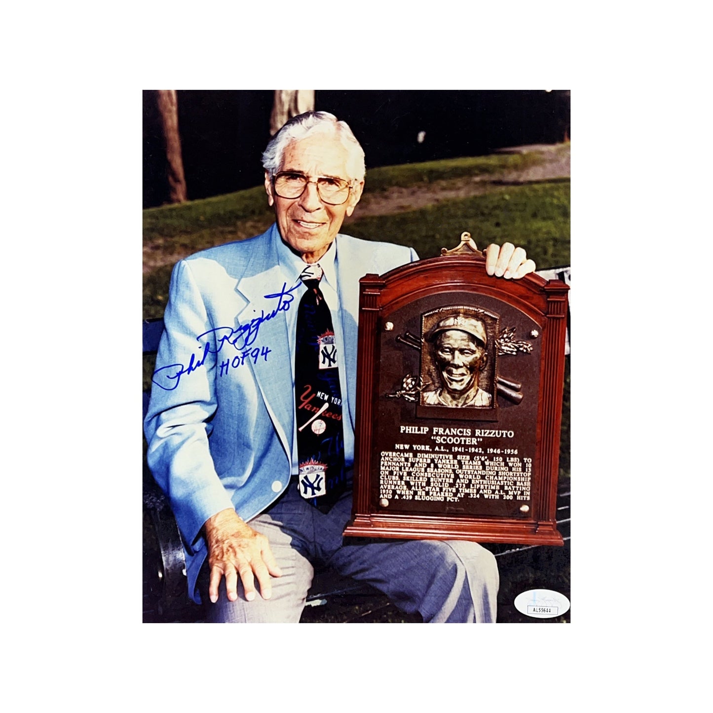 Phil Rizzuto Autographed New York Yankees w/ HOF Plaque 8x10 HOF 94 Inscription JSA