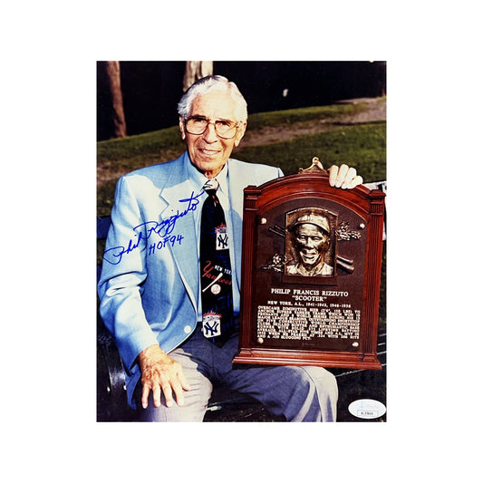Phil Rizzuto Autographed New York Yankees w/ HOF Plaque 8x10 HOF 94 Inscription JSA