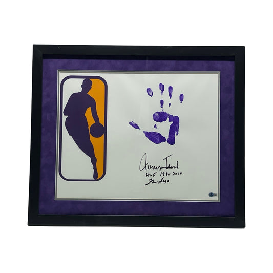 Jerry West Autographed Los Angeles Lakers Purple Handprint 16x20 The Logo HOF Inscription Beckett - Framed (Copy)