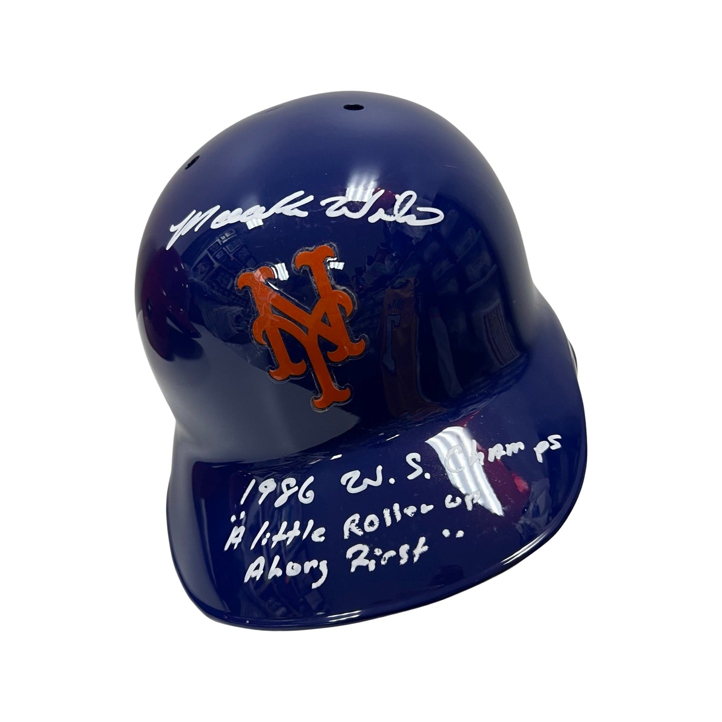 Mookie Wilson Autographed New York Mets Batting Helmet 1986 WS Champs, A Little Roller Up Along First Inscriptions Steiner CX
