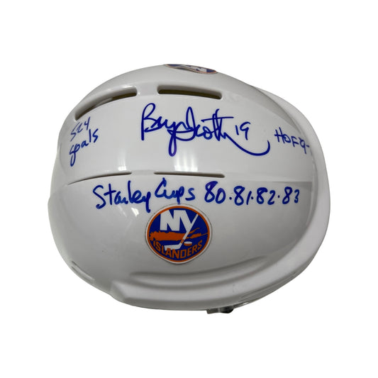 Bryan Trottier Autographed New York Islanders White Mini Helmet “524 Goals, HOF 97, Stanley Cups 80, 81, 82, 83” Inscriptions Steiner CX