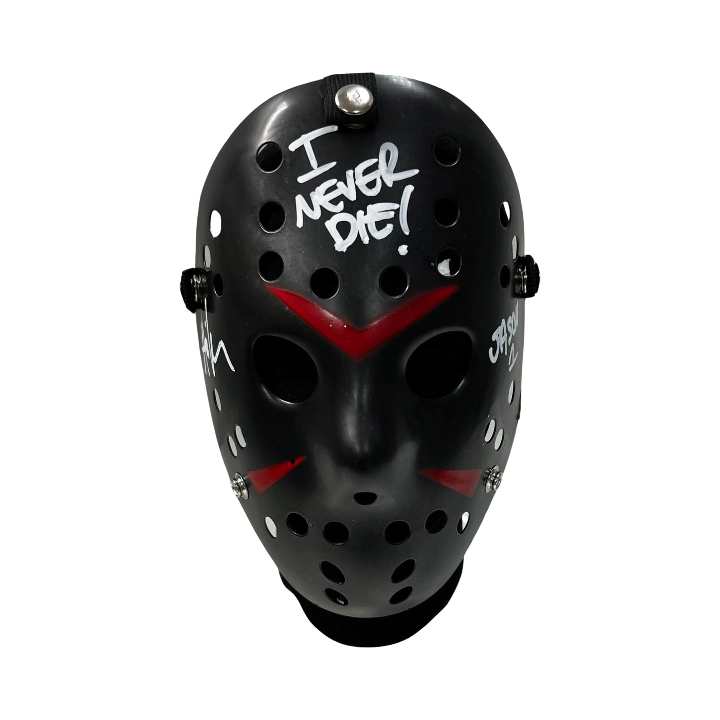 Ari Lehman Autographed Jason Voorhees Friday the 13th Black Mask “I Never Die!, Jason 1” Inscriptions White Ink Steiner CX