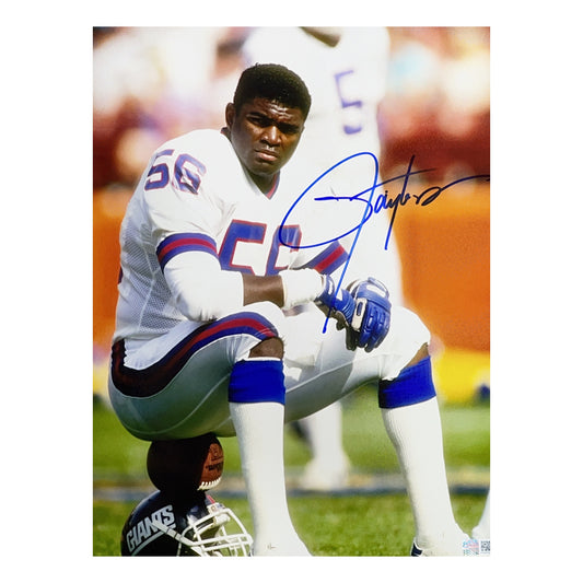 Lawrence Taylor Autographed New York Giants Sitting White Jersey 11x14 Steiner CX