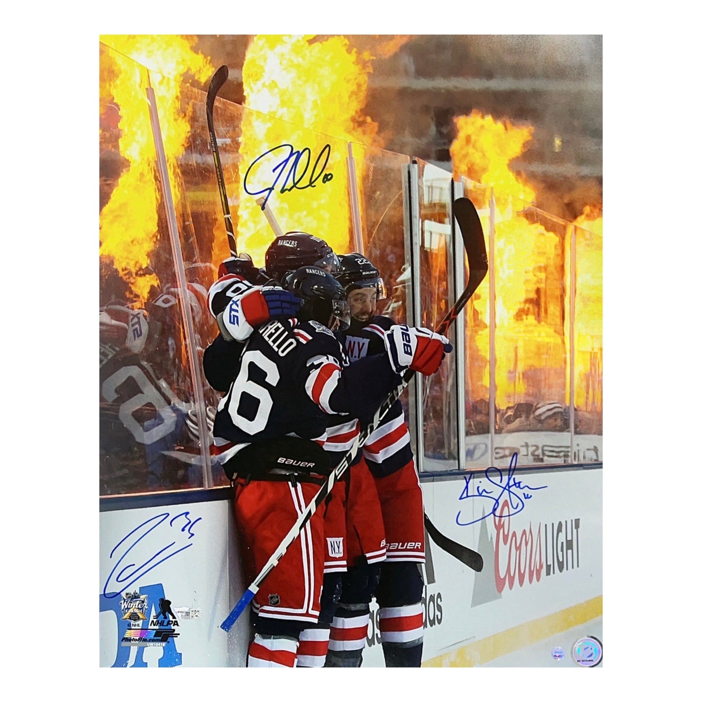 Mats Zuccarello, JT Miller & Kevin Shattenkirk Autographed New York Rangers Flame Celebration 16x20 Steiner/Fanatics