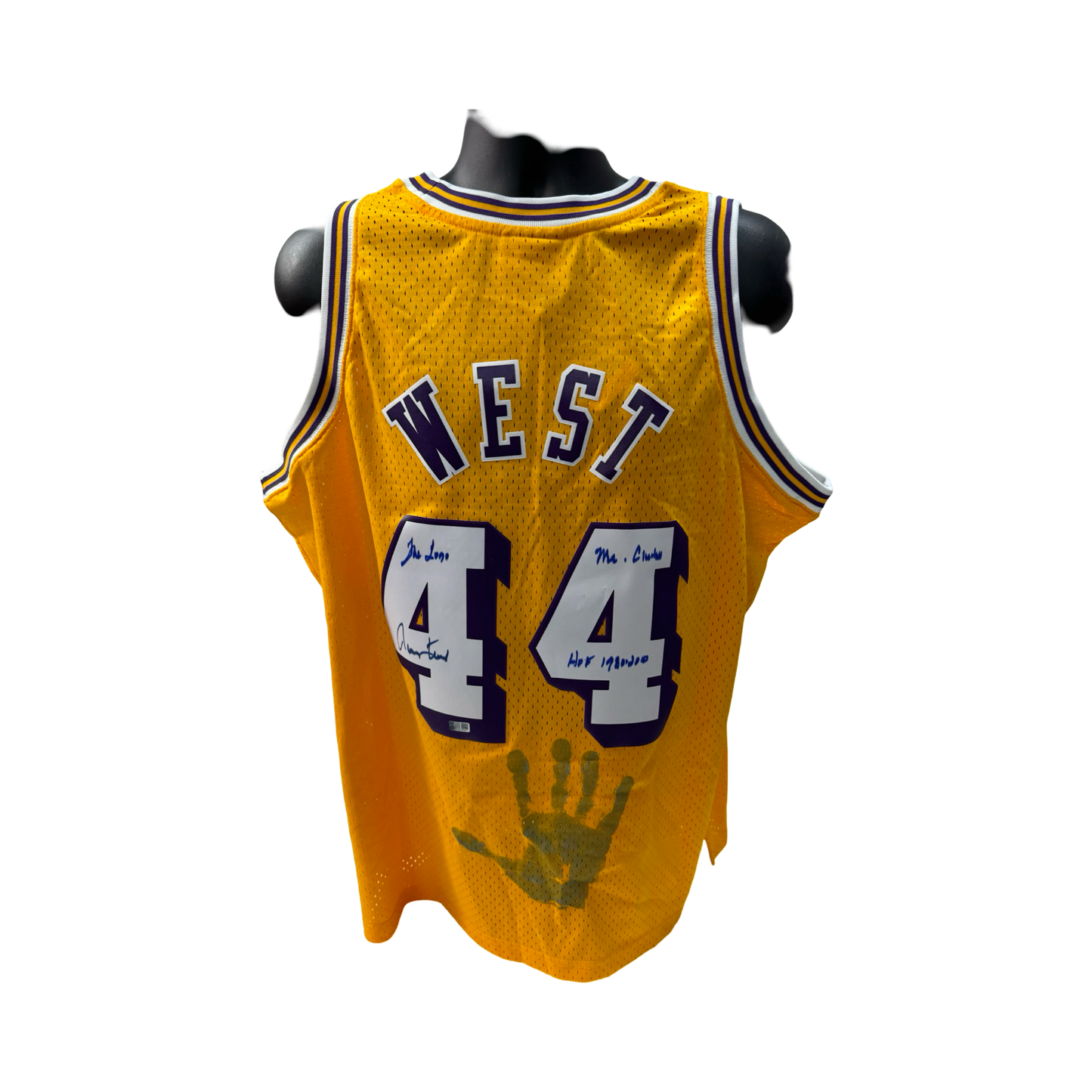 Jerry West Autographed Los Angeles Lakers Yellow 1971-72 Mitchell & Ness Swingman Jersey w/ Handprint The Logo, Mr Clutch, HOF 1980-2010 Inscriptions Steiner CX