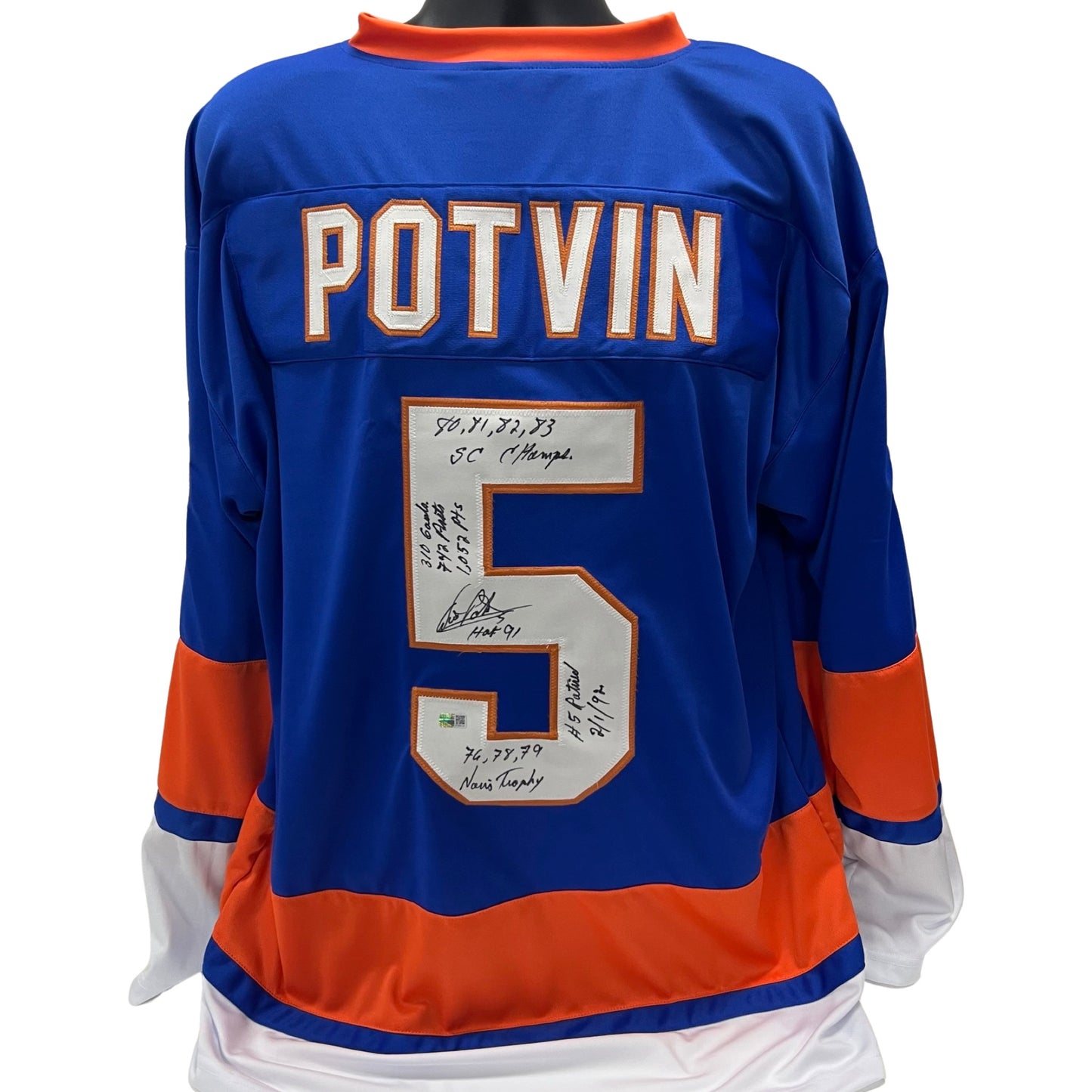 Denis Potvin Autographed New York Islanders Blue Jersey "80 81 82 83 S.C Champs, 310 Goals, 712 Assists, 1052 Points, HOF 1991, #5 Retired 2/1/92, 76, 78, 79 Norris Trophy" Steiner CX