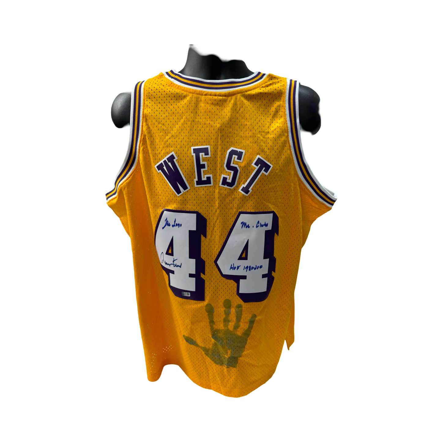 Jerry West Autographed Los Angeles Lakers Yellow 1971-72 Mitchell & Ness Swingman Jersey w/ Handprint “The Logo, Mr Clutch, HOF 1980-2010” Inscriptions Steiner CX