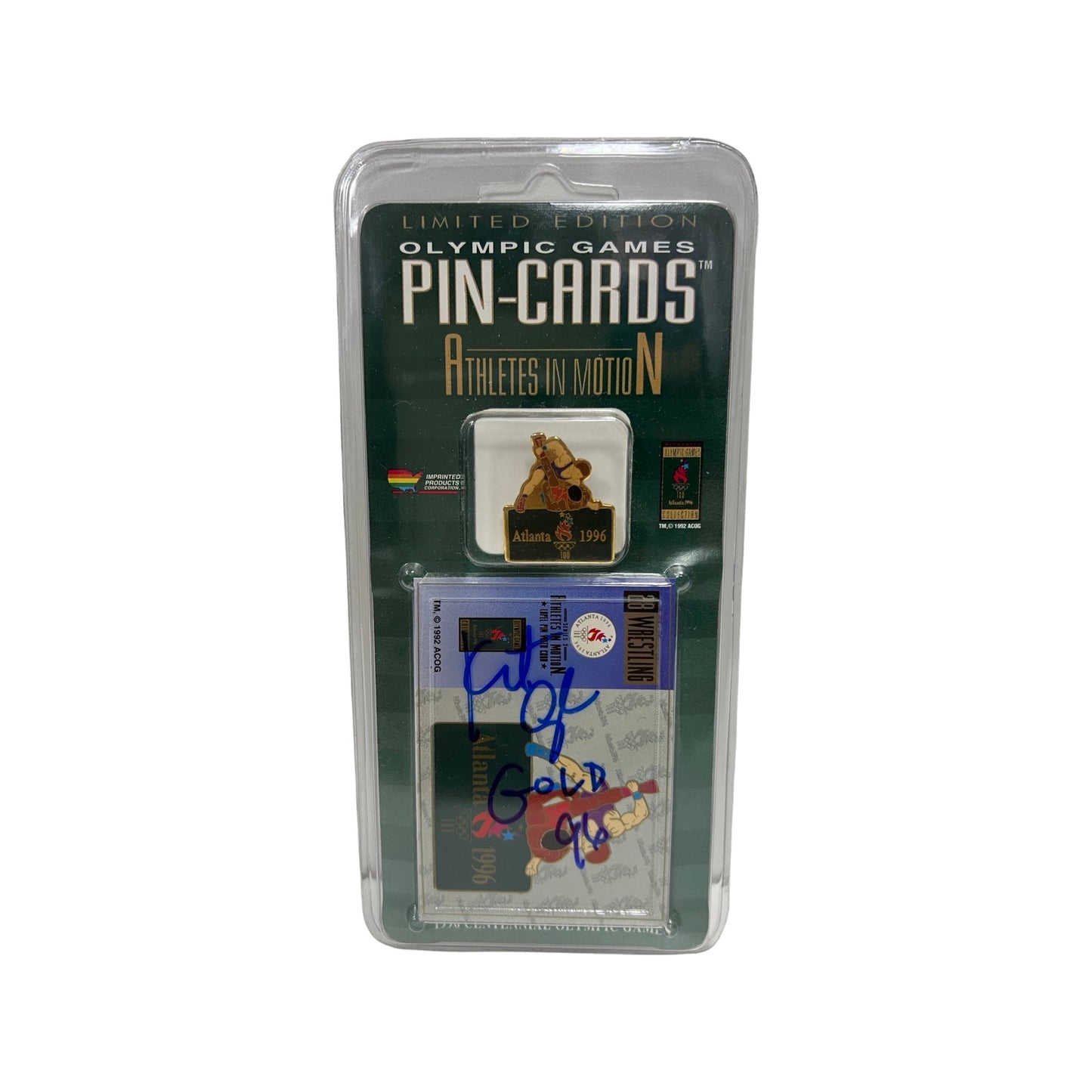 Kurt Angle Autographed 1996 Olympics Pin Card Gold 96 Inscription Beckett