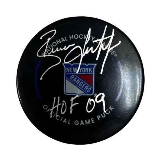 Brian Leetch Autographed New York Rangers Official Game Puck “HOF 2009” Inscription Steiner CX