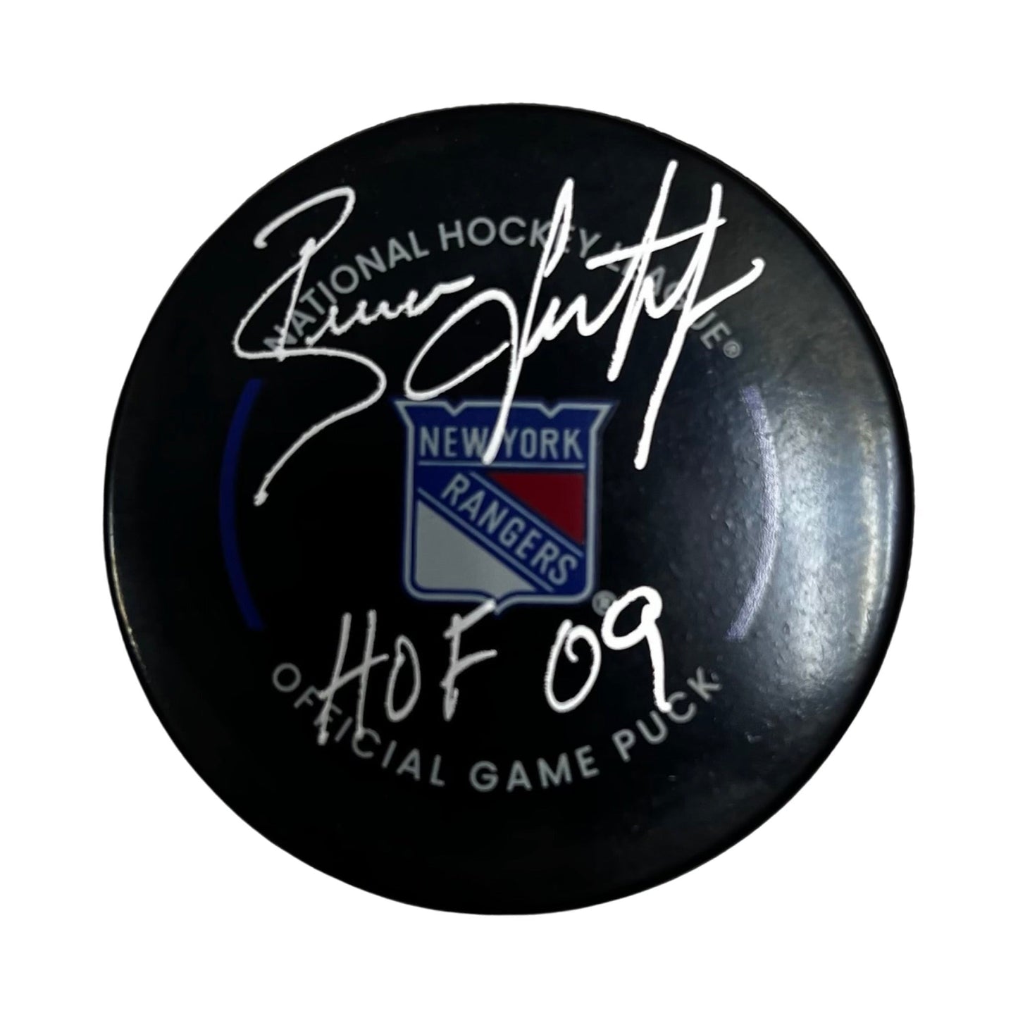 Brian Leetch Autographed New York Rangers Official Game Puck HOF 2009 Inscription Steiner CX