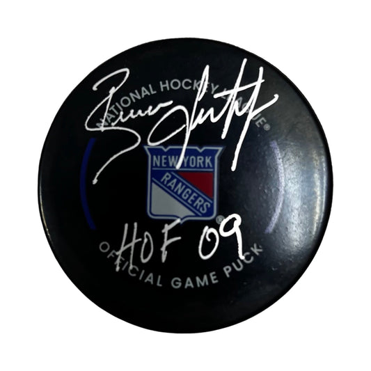 Brian Leetch Autographed New York Rangers Official Game Puck HOF 2009 Inscription Steiner CX
