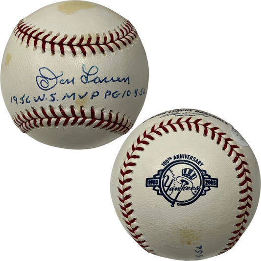 Don Larsen Autographed New York Yankees 100th Anniversary Logo Baseball 1956 WS MVP, PG 10.8.56 Inscriptions JSA