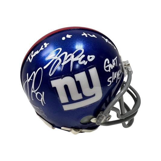 Justin Tuck & Jason Pierre Paul Autographed New York Giants Mini Helmet Beast of the East, GOAT Slayer Inscriptions JSA