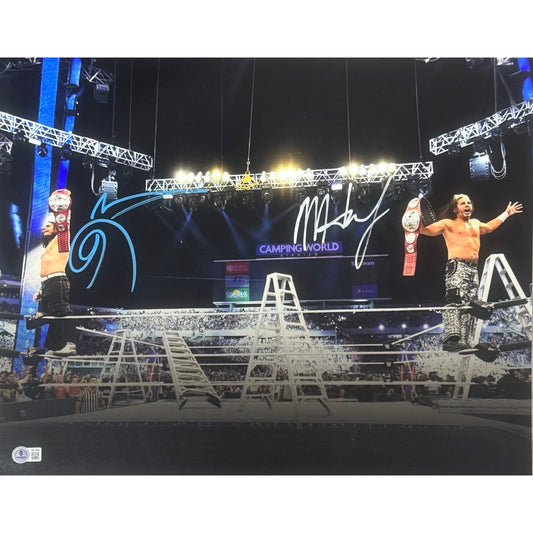 Matt And Jeff Hardy Tag Team Autograph Blue And White Ink 16x20 Beckett BAS